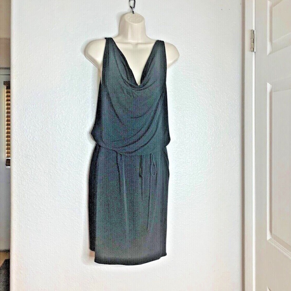 Evanese Womens Sz M Oversized Dress Black Cap Sleeve Cowl V Neck Waist tie